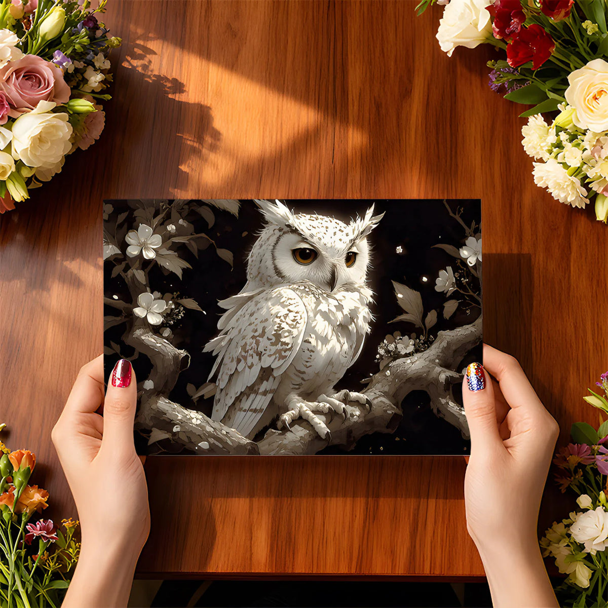 Nocturnal Owl and Blossom Mural Wallpaper —Moody Monochrome Mural Wallpaper - room preview 02