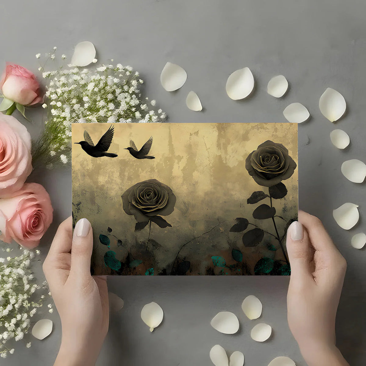 Vintage Rose and Bird Mural Wallpaper in Sepia Tones Mural Wallpaper - room preview 02