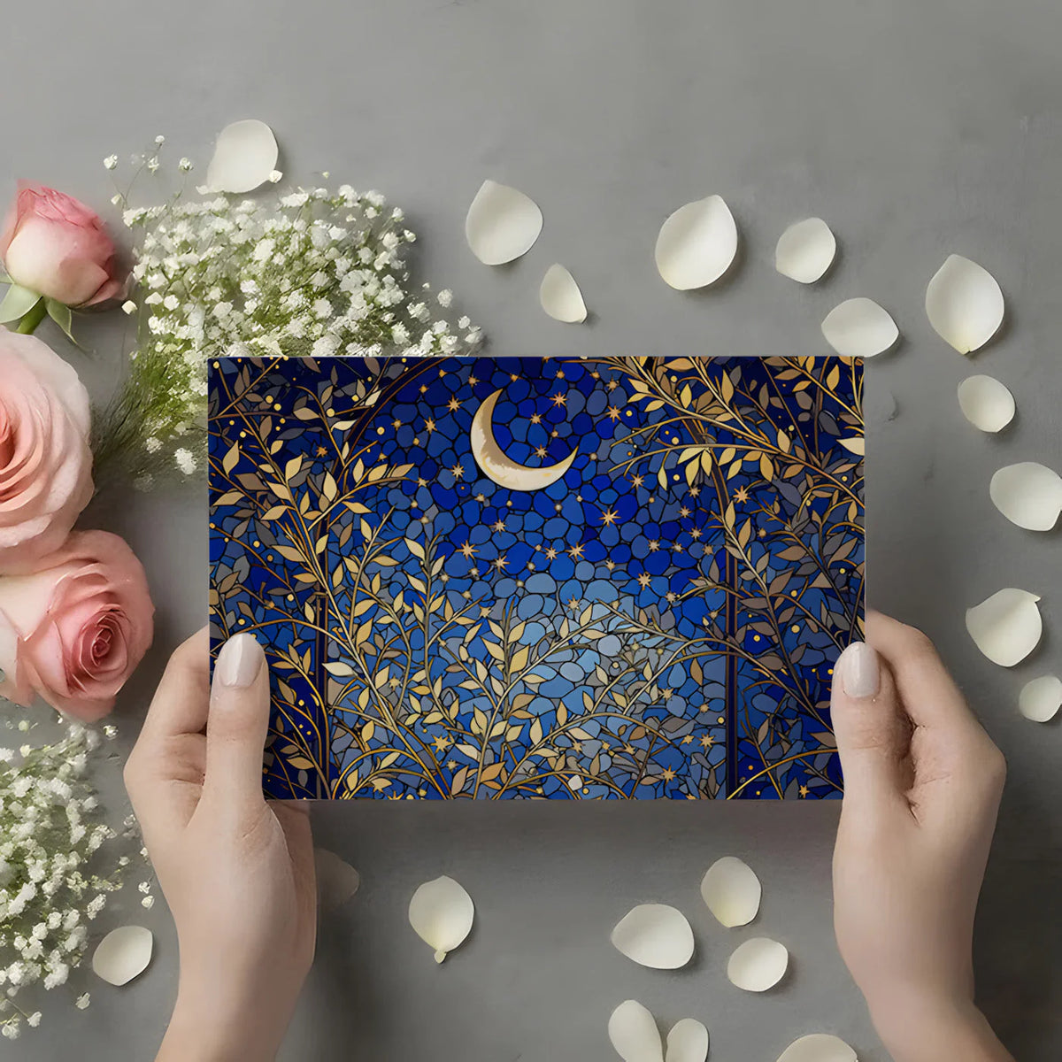 Celestial Stained Glass Mural Wallpaper — Midnight Botanical Mural Wallpaper - room preview 02