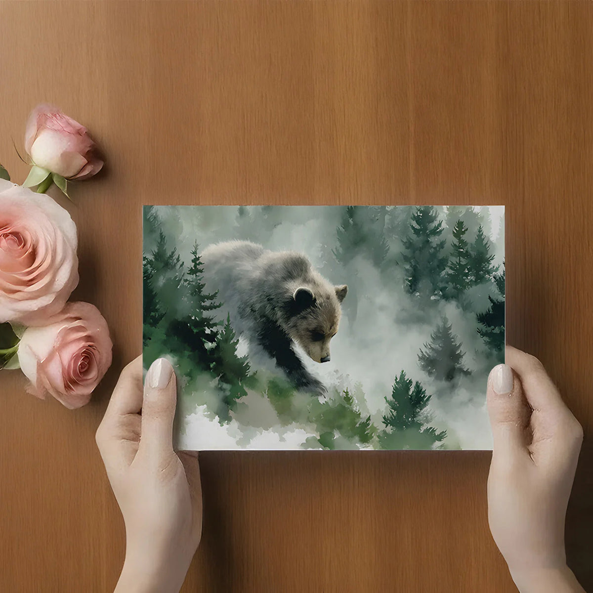 Mist-Covered Grizzly Bear Mural Wallpaper — Artistic Forest Design Mural Wallpaper - room preview 02