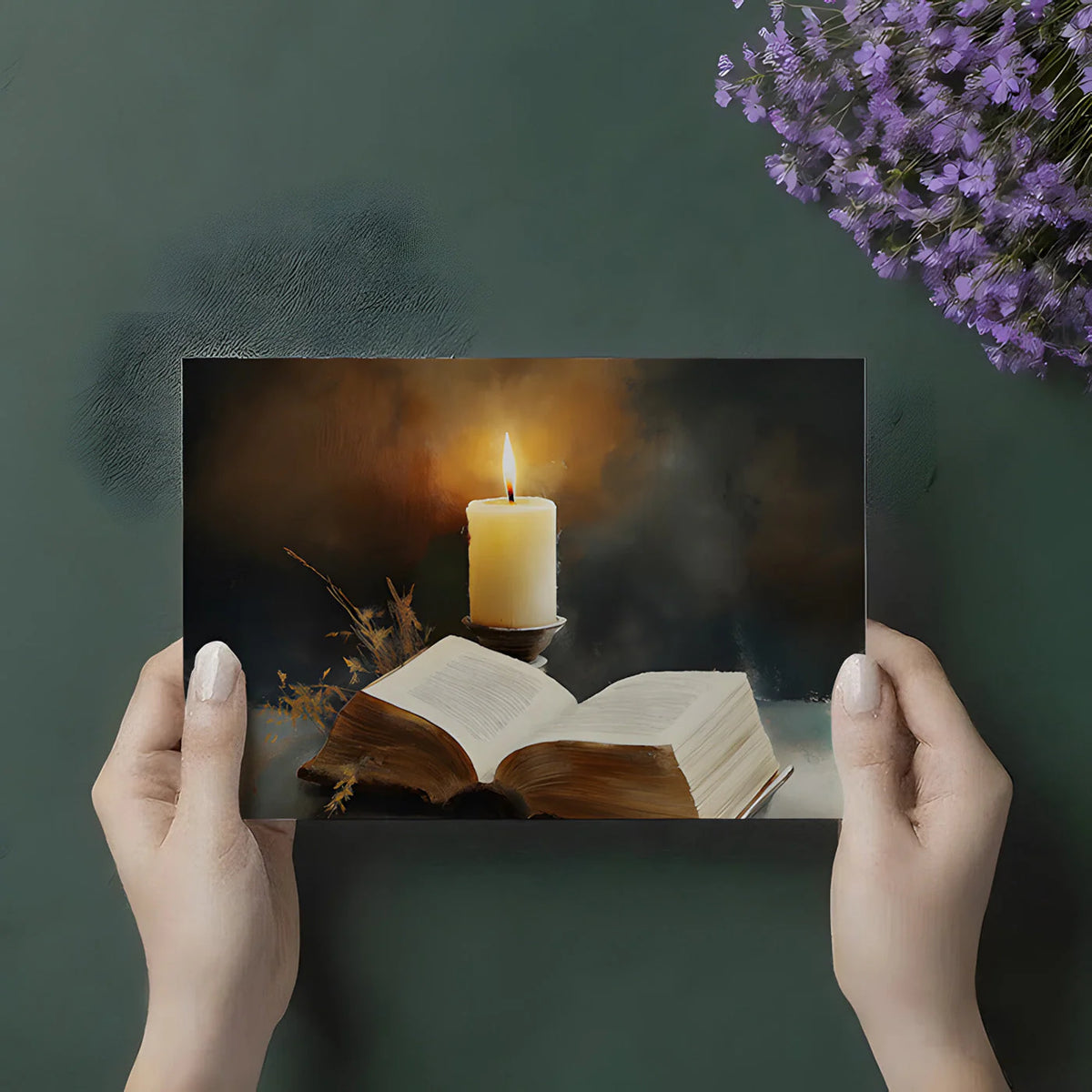 Candlelit Open Book Mural Wallpaper — Moody Dark Academia Decor Mural Wallpaper - room preview 02