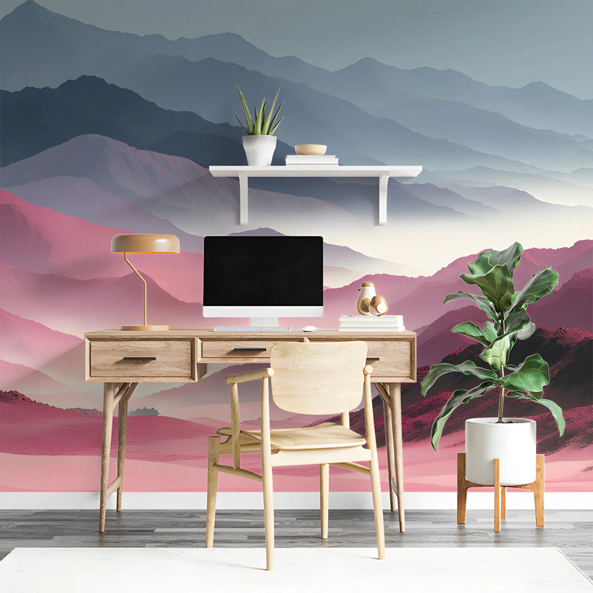 Mist-Covered Mountains Mural Wallpaper in Dusty Rose and Slate Mural Wallpaper - room preview 02