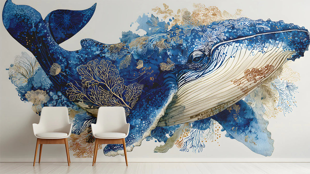 Humpback Whale Mural Wallpaper with Gold Ink Details Mural Wallpaper - room preview 02