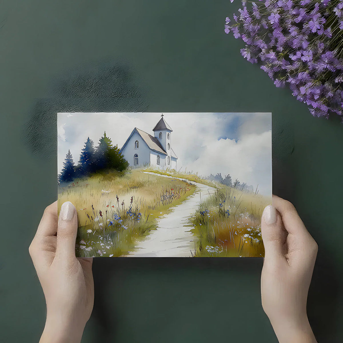 Watercolor Church Hillside Mural Wallpaper — Serene Landscape Mural Wallpaper - room preview 02