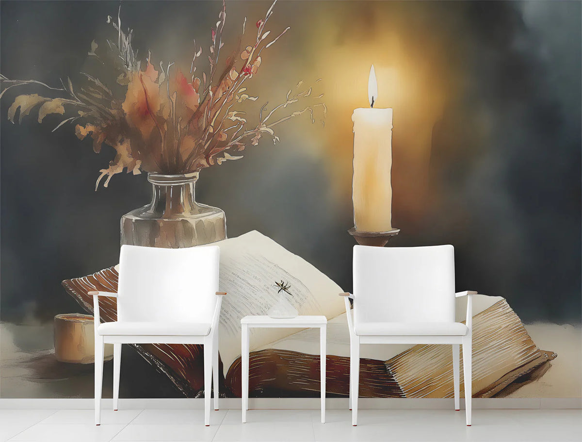 Candlelit Library Mural Wallpaper — Dark Academia Aesthetic Mural Wallpaper - room preview 02