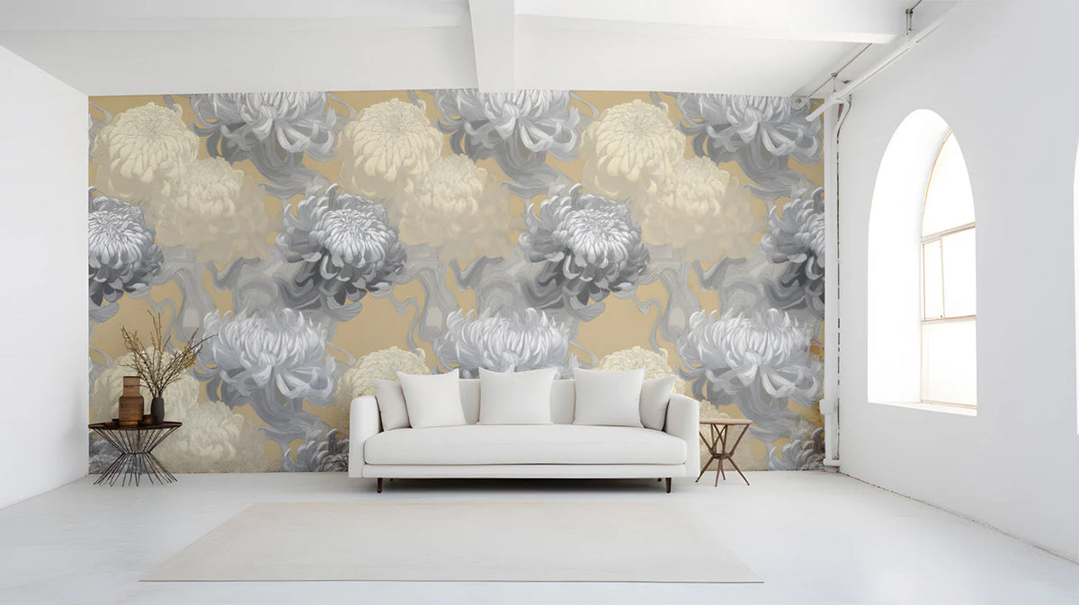 Chrysanthemum Bloom Mural Wallpaper in Ochre and Charcoal Mural Wallpaper - room preview 02