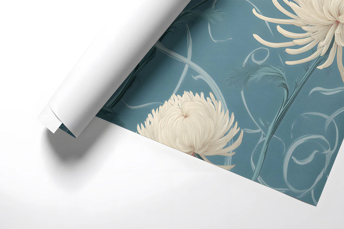 Vintage Chrysanthemum Floral Mural Wallpaper — Dusty Blue and Cream Mural Wallpaper - room preview 02