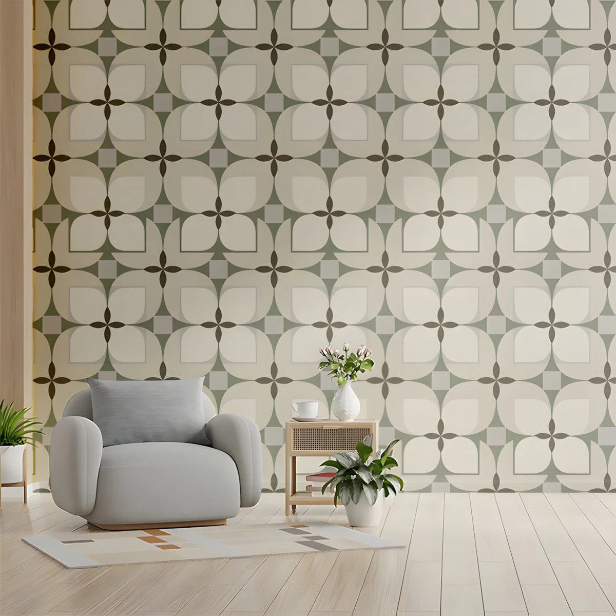 Geometric Petal Mural Wallpaper in Sage and Cream Mural Wallpaper - room preview 02