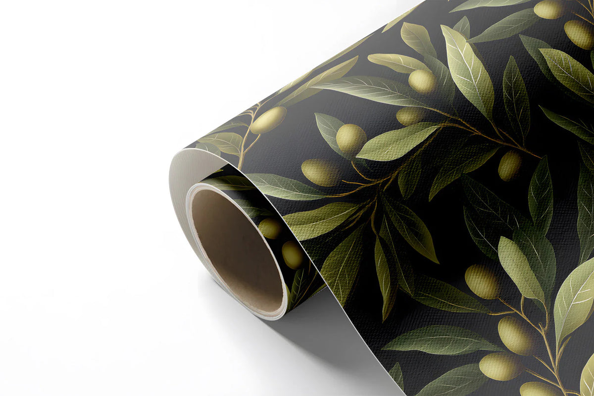 Mediterranean Olive Branch Mural Wallpaper in Deep Black Mural Wallpaper - room preview 02
