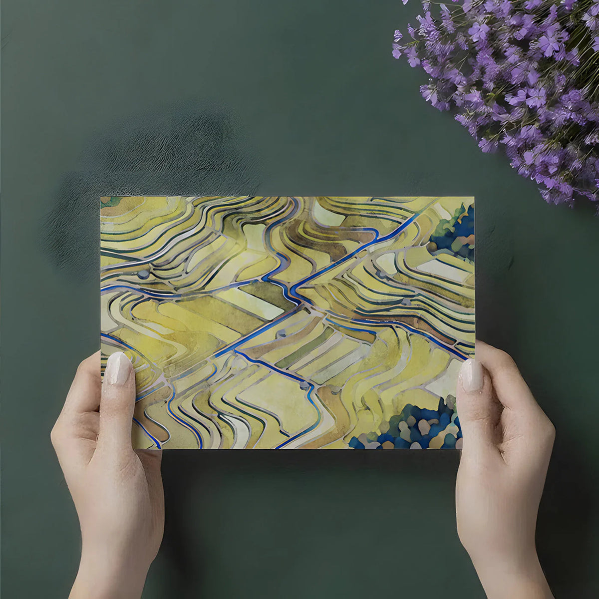 Terraced Fields Landscape Mural Wallpaper in Ochre and Cobalt Mural Wallpaper - room preview 02
