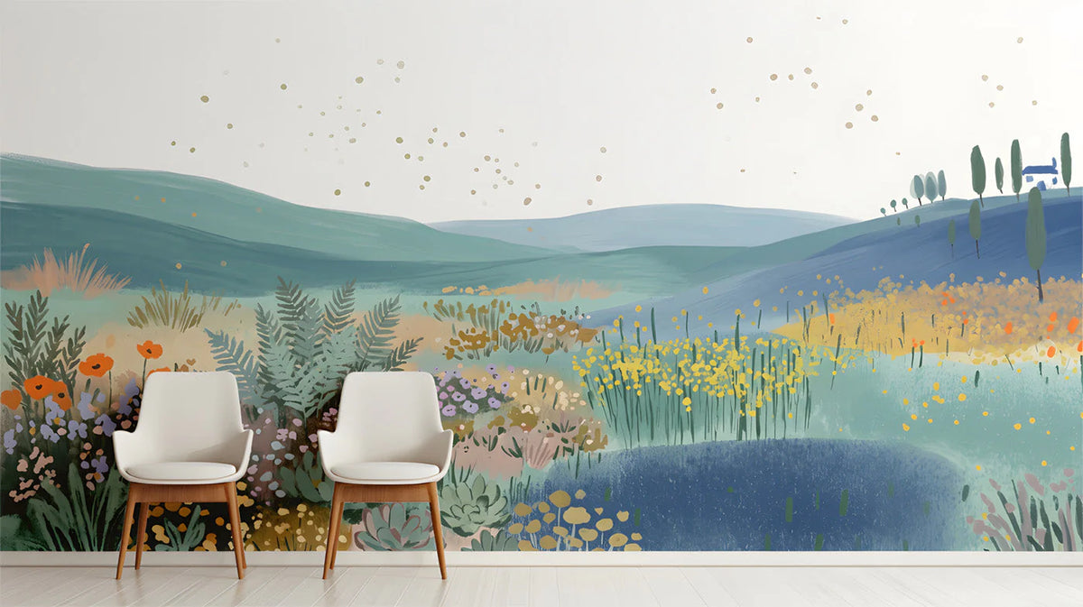 Meadow Horizon Mural Wallpaper — Artistic Painted Landscape Mural Wallpaper - room preview 02