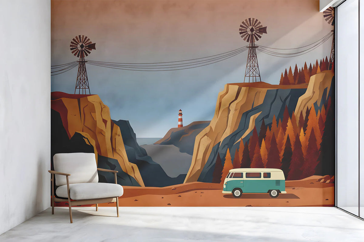 Coastal Windmill Valley Mural Wallpaper — Retro Travel Illustration Mural Wallpaper - room preview 02