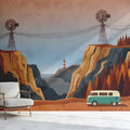 Coastal Windmill Valley Mural Wallpaper — Retro Travel Illustration Mural Wallpaper - room preview 02