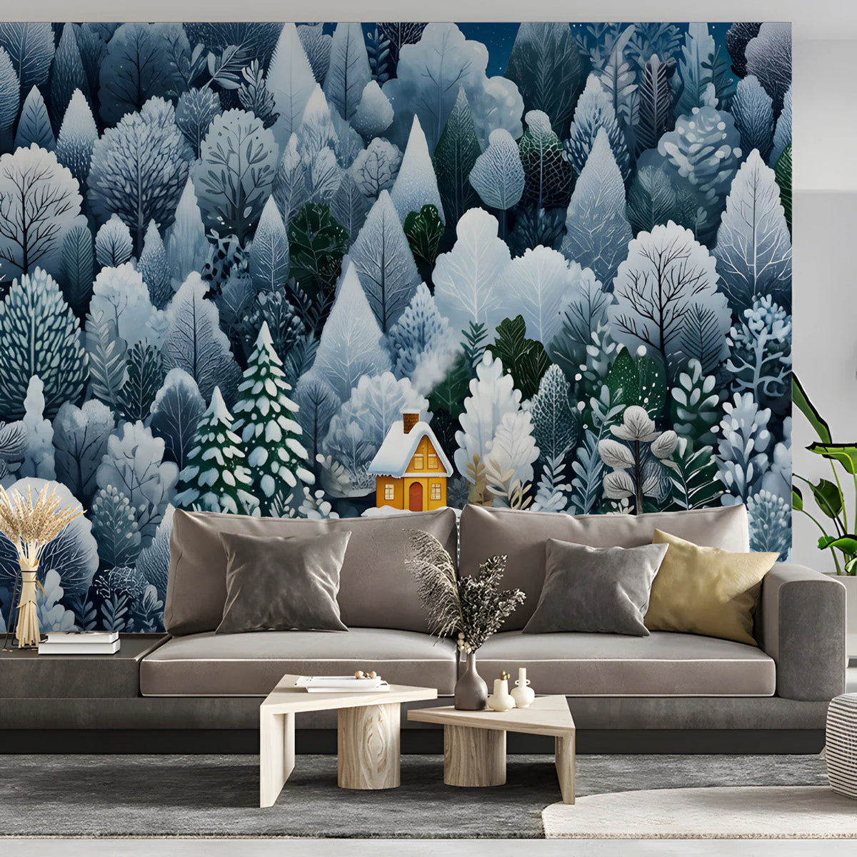 Winter Cabin in Frosty Forest Mural Wallpaper - room preview 02