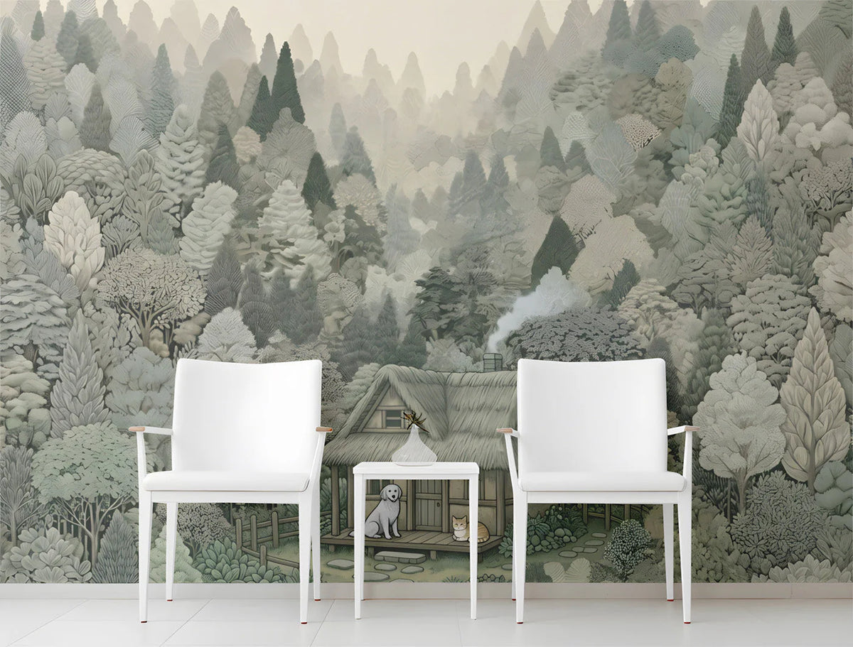 Cabin in the Woods Mural Wallpaper — Whimsical Forest Landscape Mural Wallpaper - room preview 02