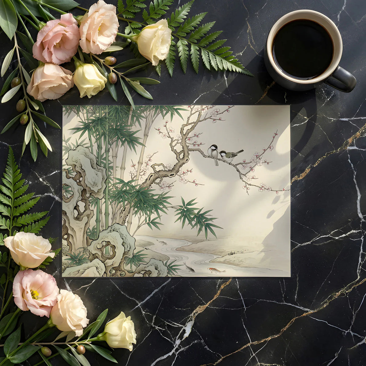 Oriental Garden Bamboo & Bird Mural Wallpaper — Artistic Ink Style Mural Wallpaper - room preview 02