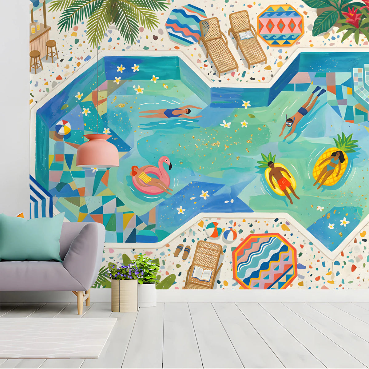 Ocean Club Pool Party Mural Wallpaper — Whimsical Summer Scene Mural Wallpaper - room preview 02