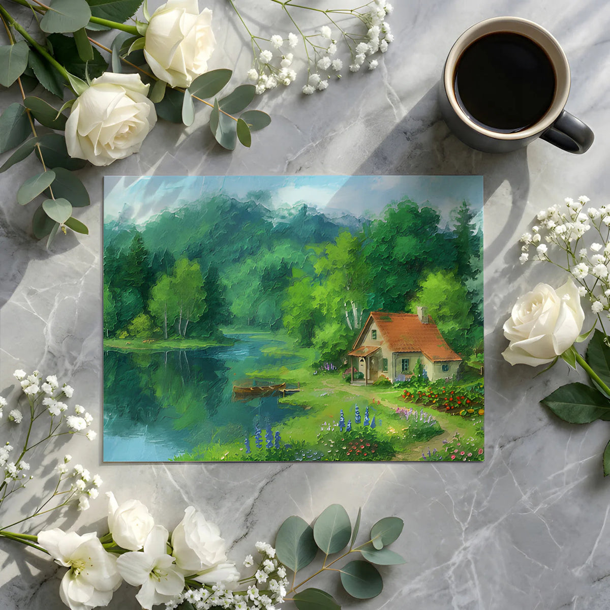 Cottage by the Lake Impressionist Landscape Mural Wallpaper - room preview 02