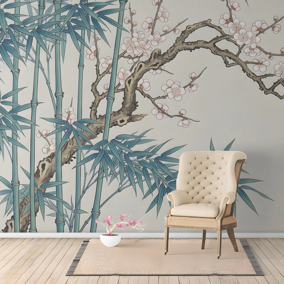 Chinoiserie Bamboo and Plum Blossom Mural Wallpaper - room preview 02