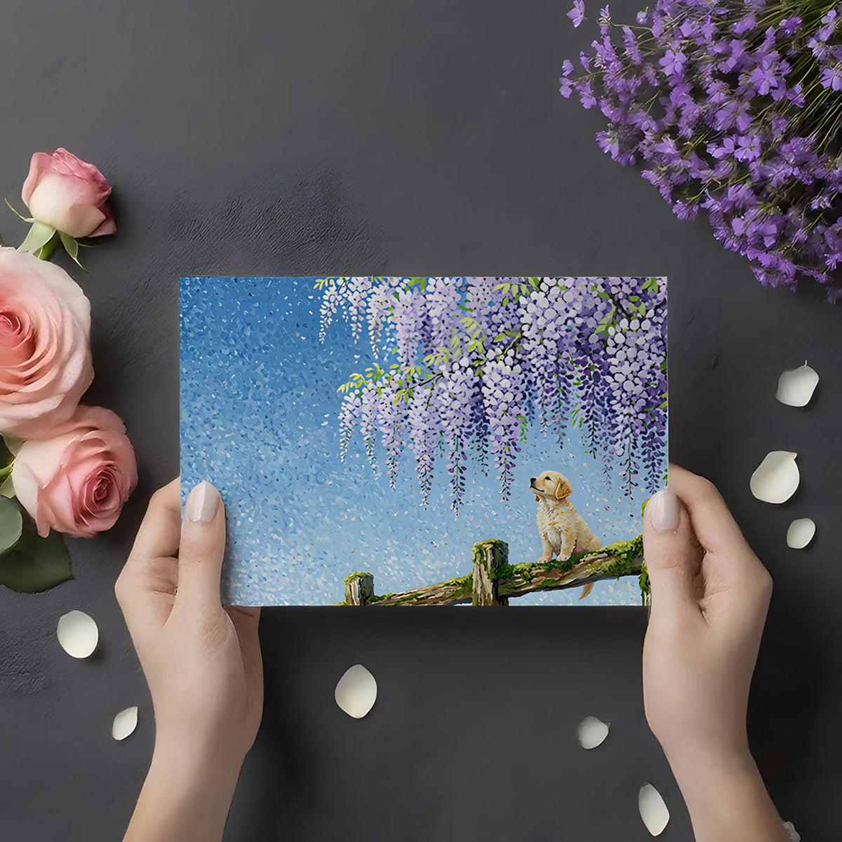 Wisteria and Golden Puppy Mural Wallpaper — Impressionistic Scene Mural Wallpaper - room preview 02