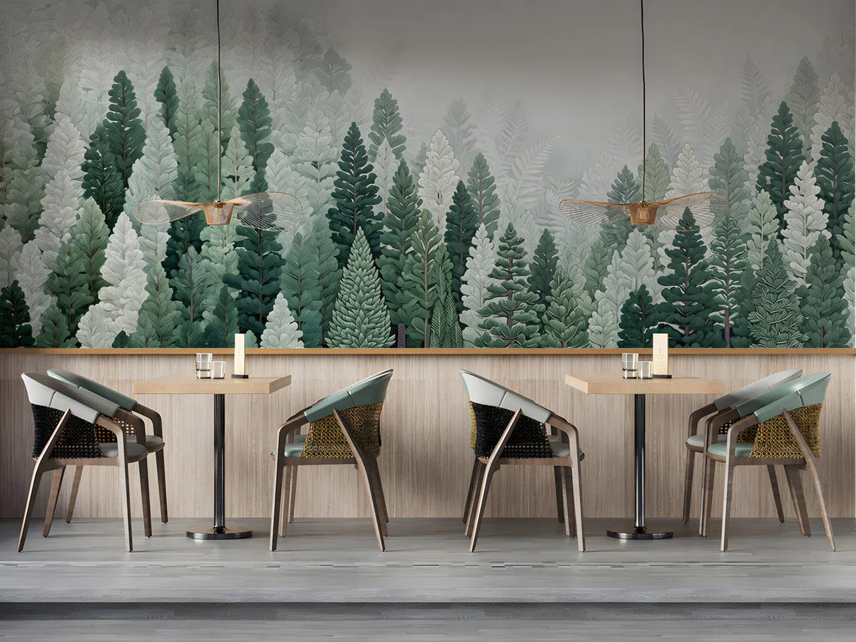 Mist-Covered Pine Forest Mural Wallpaper in Sage and Deep Green Mural Wallpaper - room preview 02