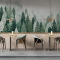 Mist-Covered Pine Forest Mural Wallpaper in Sage and Deep Green Mural Wallpaper - room preview 02
