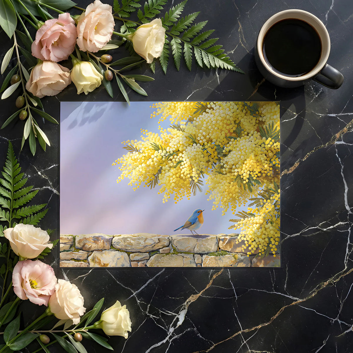 Mimosa Blossom and Garden Bird Mural Wallpaper - room preview 02