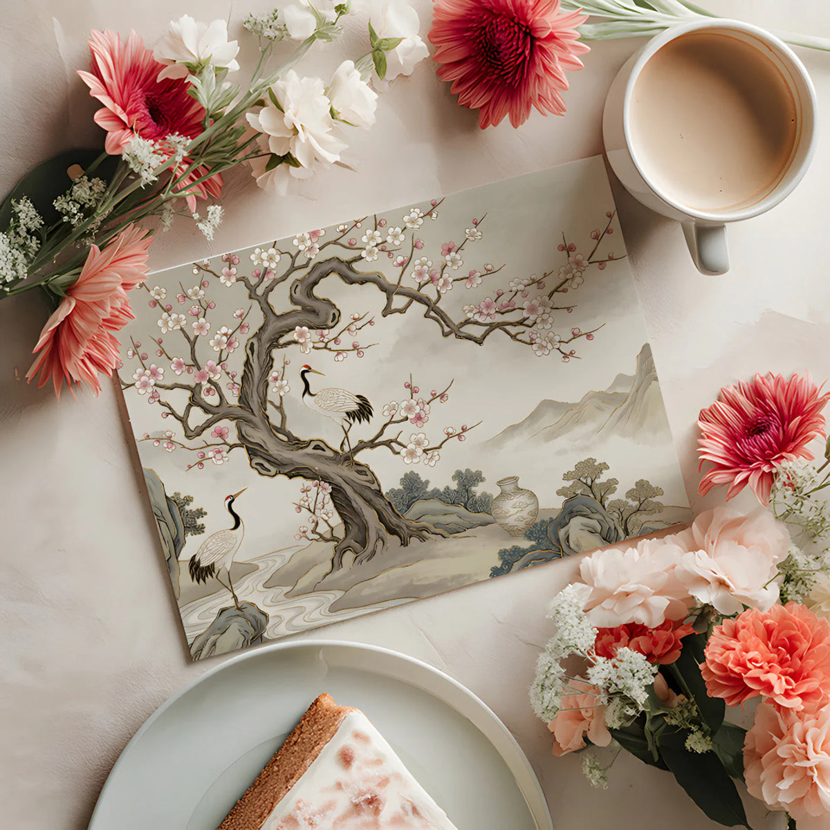 Chinoiserie Crane and Blossom Mural Wallpaper — Artistic Heritage Mural Wallpaper - room preview 02