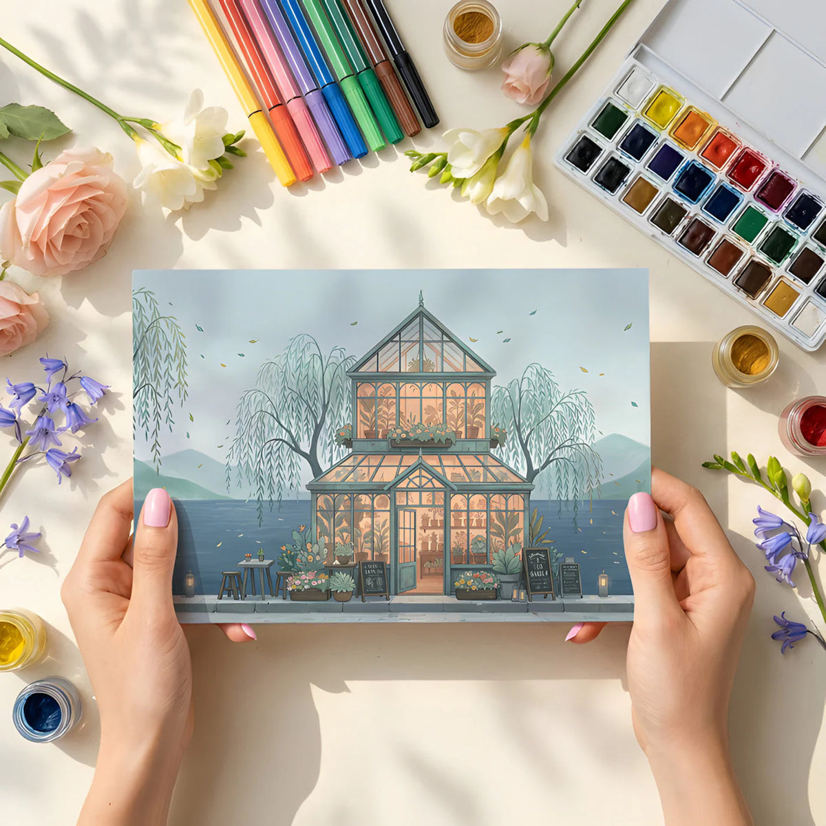 Riverside Greenhouse Mural Wallpaper — Whimsical Garden Scene Mural Wallpaper - room preview 02