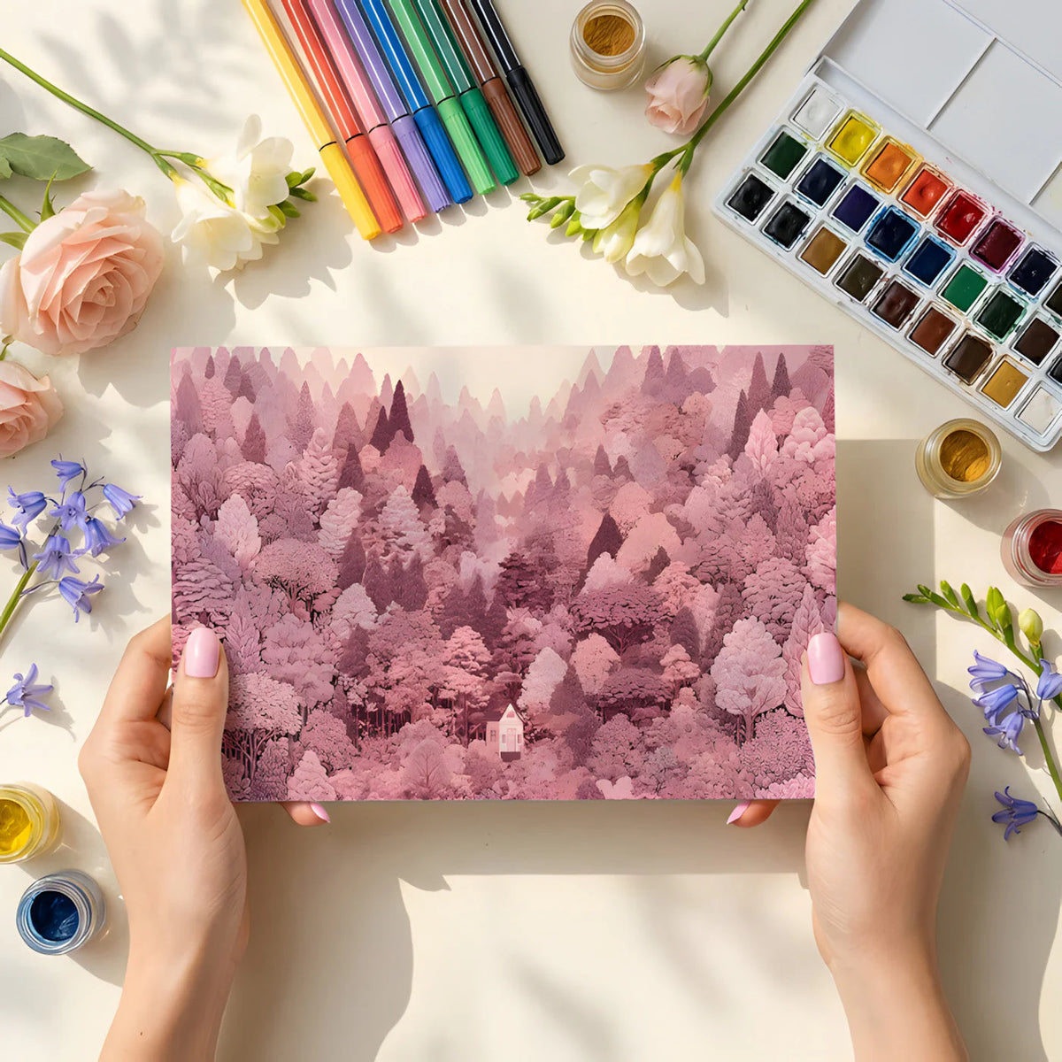 Blush Pink Forest Landscape Mural Wallpaper - room preview 02