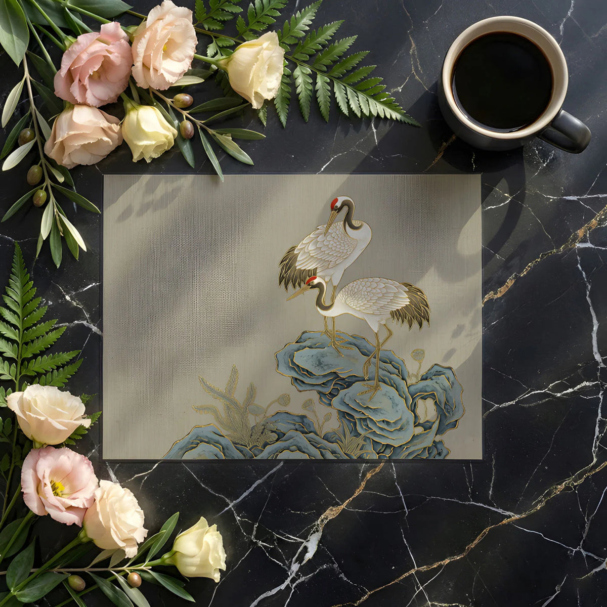 Crane and Rock Motif Mural Wallpaper in Neutral Linen Tones Mural Wallpaper - room preview 02
