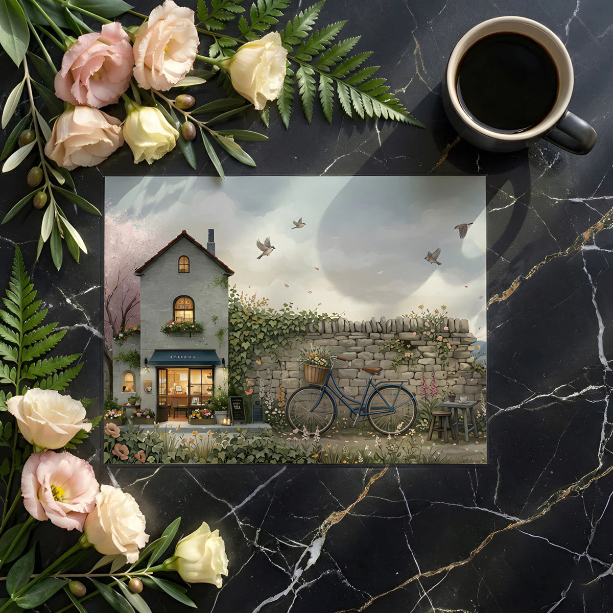 Coastal Cottage Bicycle Mural Wallpaper — Whimsical Spring Garden Mural Wallpaper - room preview 02