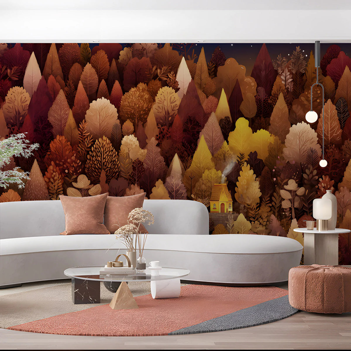 Autumn Woodland Cabin Mural Wallpaper — Cozy Forest Scene Mural Wallpaper - room preview 02