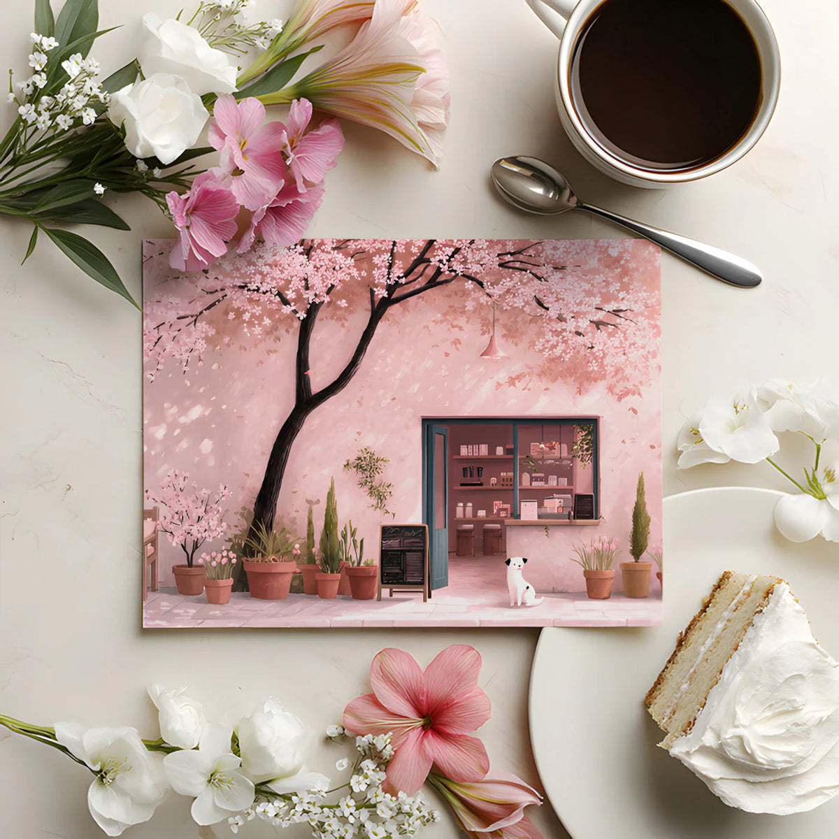 Sakura Café Mural Wallpaper — Whimsical Soft Pink Landscape Mural Wallpaper - room preview 02