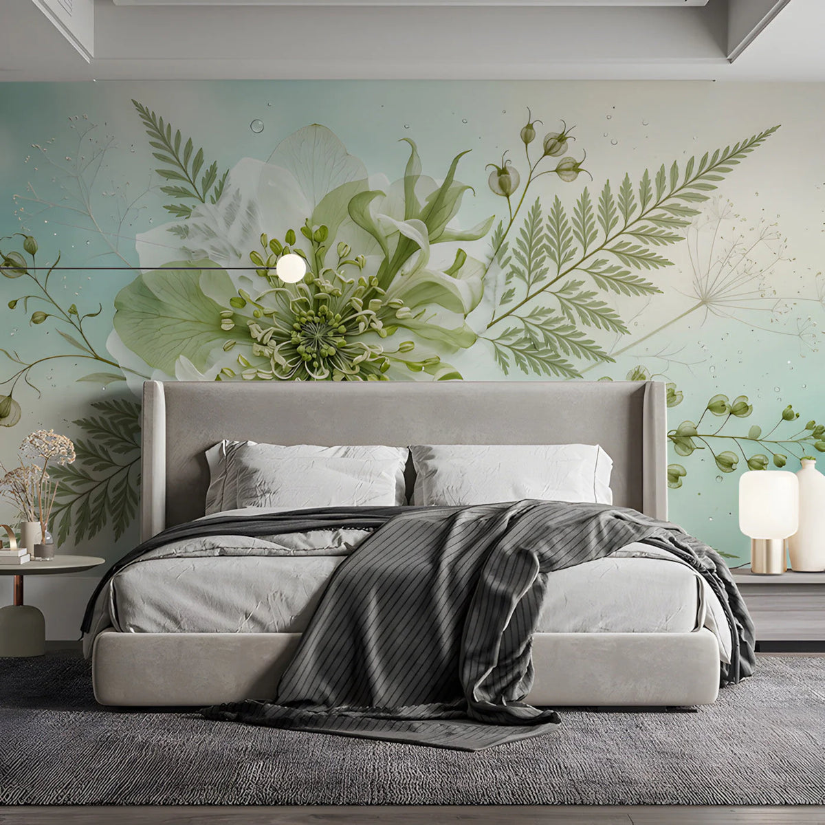 Ethereal Botanical Fern Mural Wallpaper with Soft Mint Accents Mural Wallpaper - room preview 02