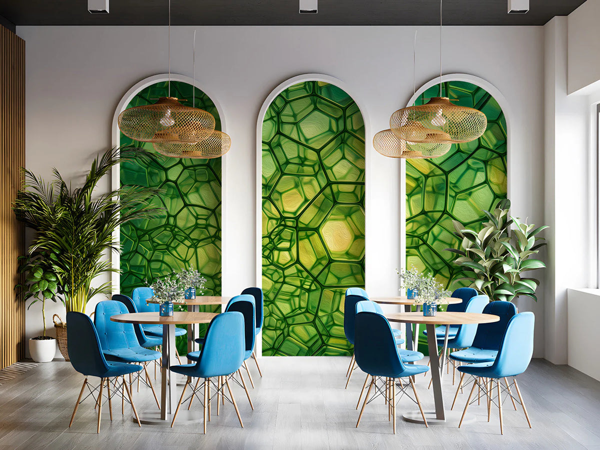 Emerald Cellular Grid Mural Wallpaper — Abstract Geometric Mural Wallpaper - room preview 02