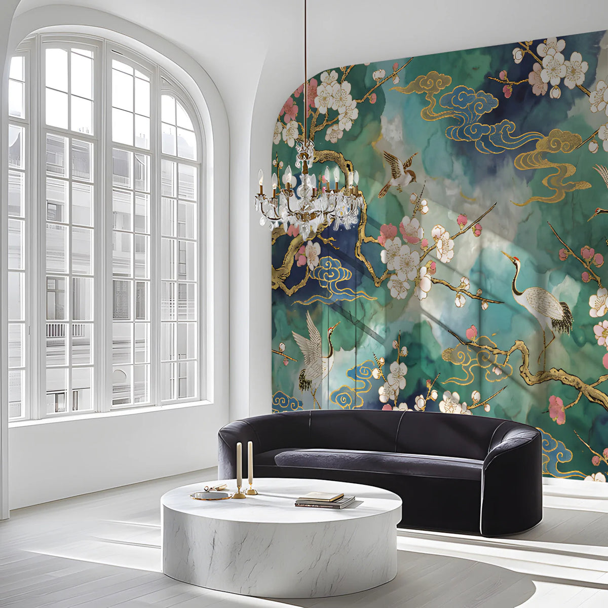 Chinoiserie Crane & Blossom Removable Mural Wallpaper - room preview 02