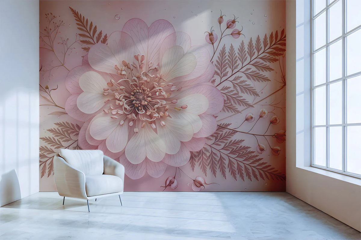 Blush Botanical Heart Flower Mural Wallpaper — Soft Floral Art Mural Wallpaper - room preview 02