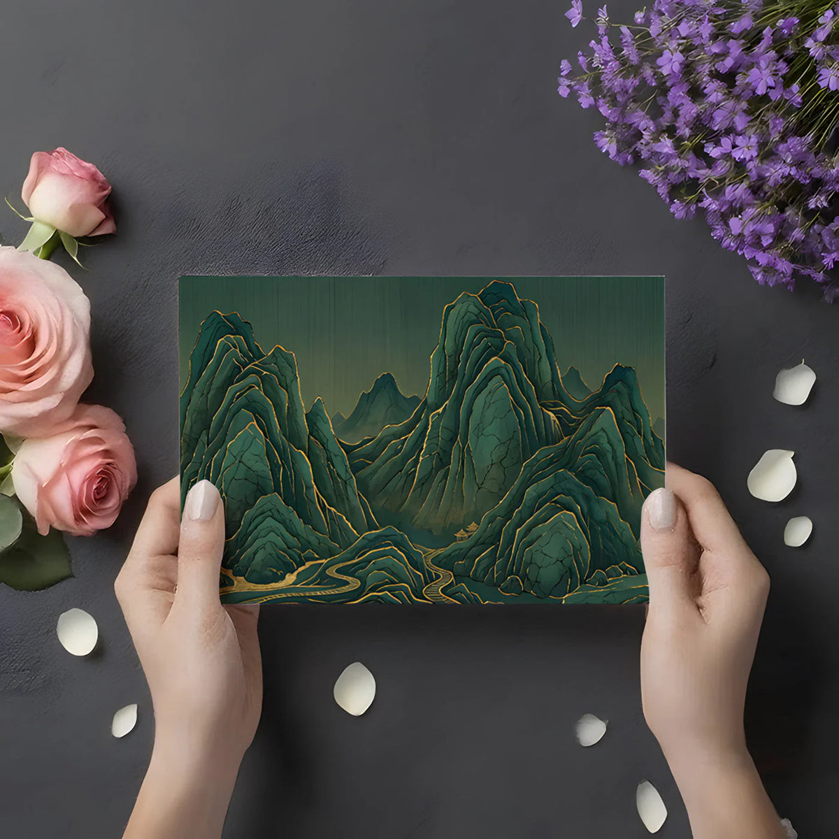 Emerald Mountain Peaks Mural Wallpaper with Gilded Accents Mural Wallpaper - room preview 02