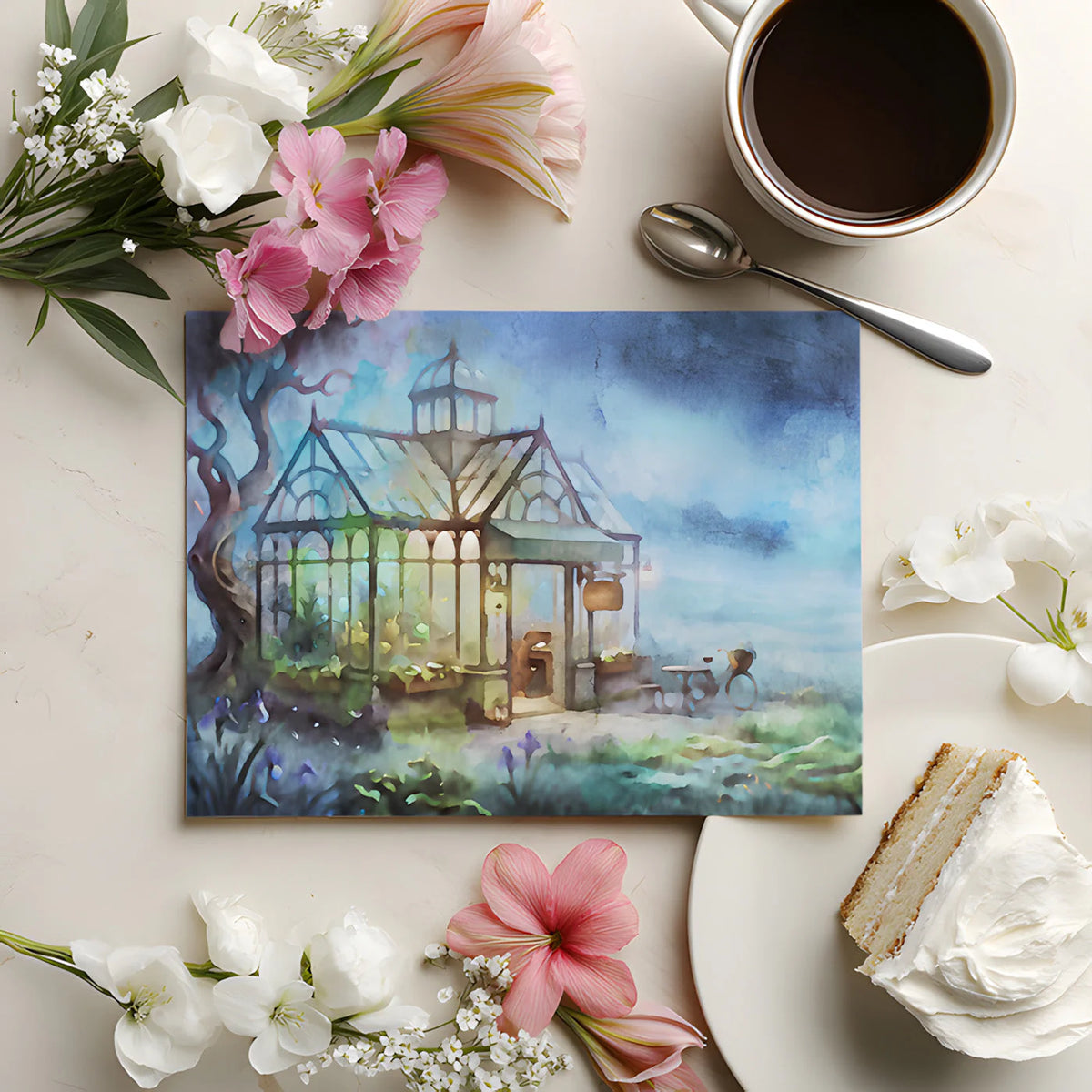 Watercolor Greenhouse Mural Wallpaper in Dreamy Blue Mural Wallpaper - room preview 02