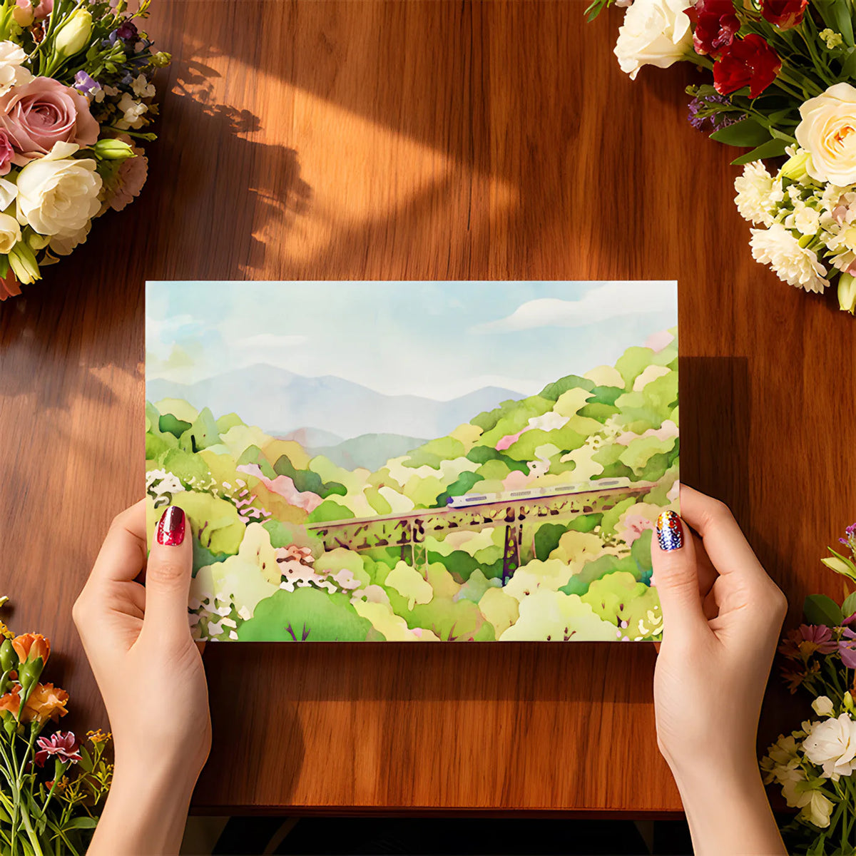 Watercolor Train Trestle Landscape Mural Wallpaper - room preview 02