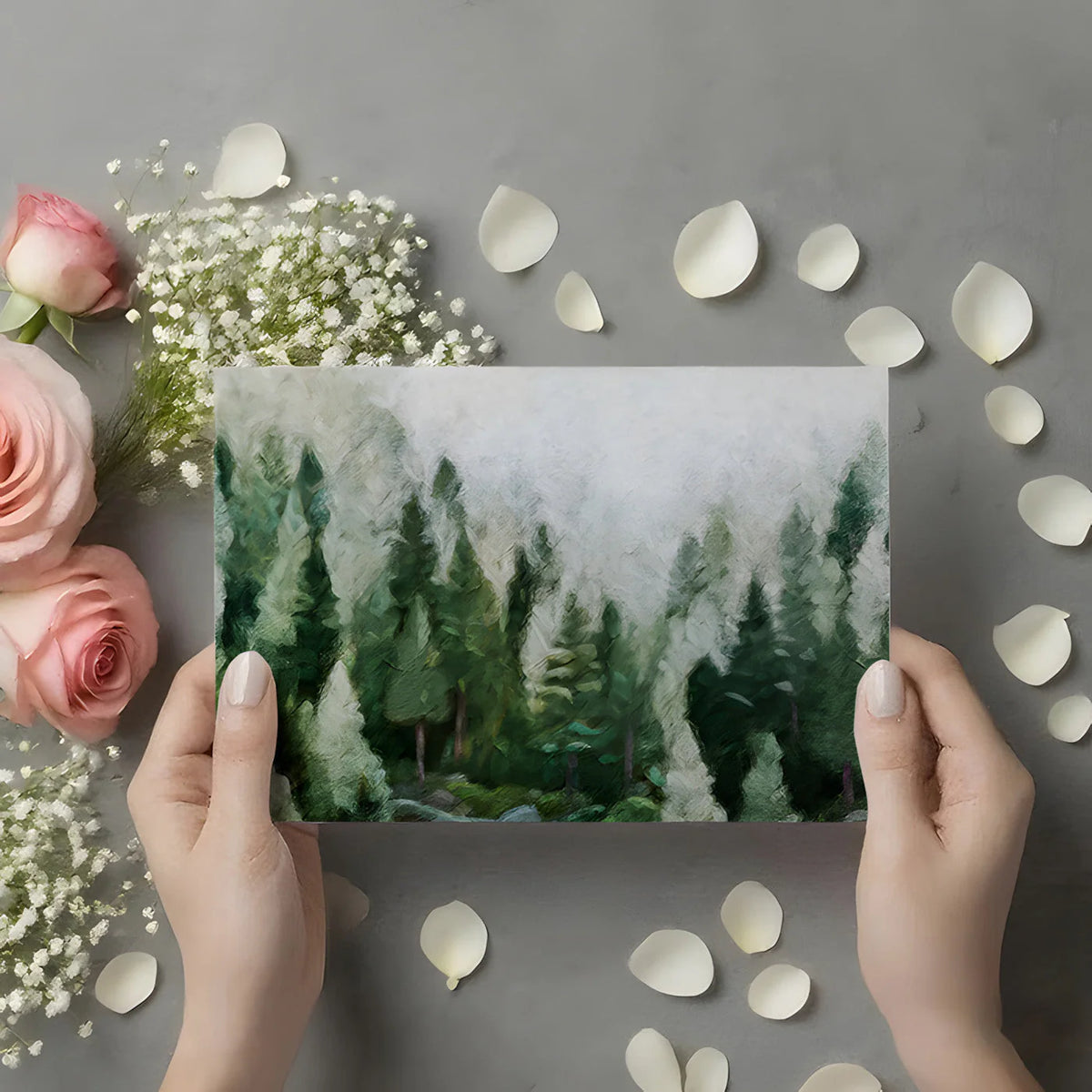 Misty Pine Forest Oil Painting Mural Wallpaper - room preview 02