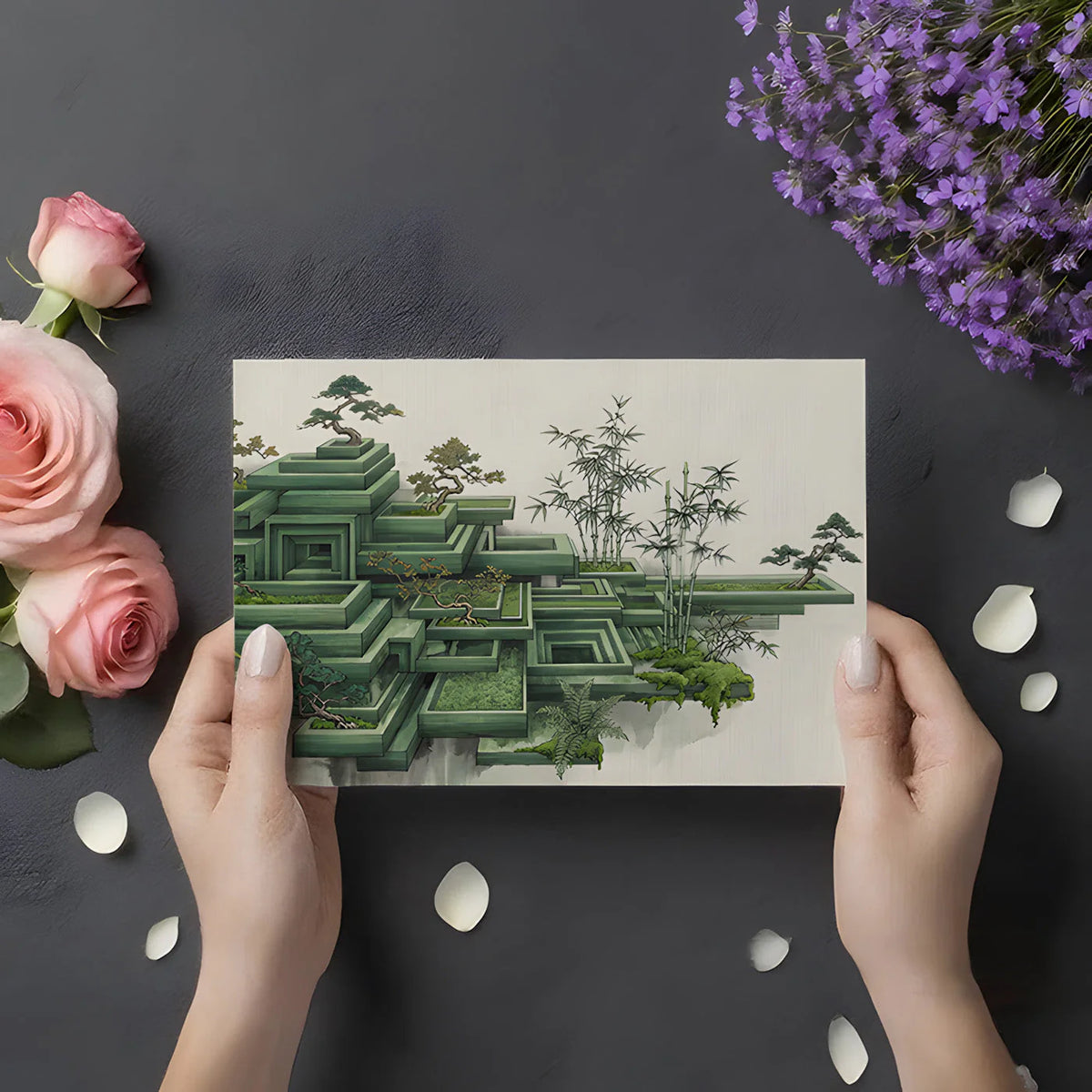 Zen Terrace Geometric Mural Wallpaper with Bonsai and Bamboo Mural Wallpaper - room preview 02