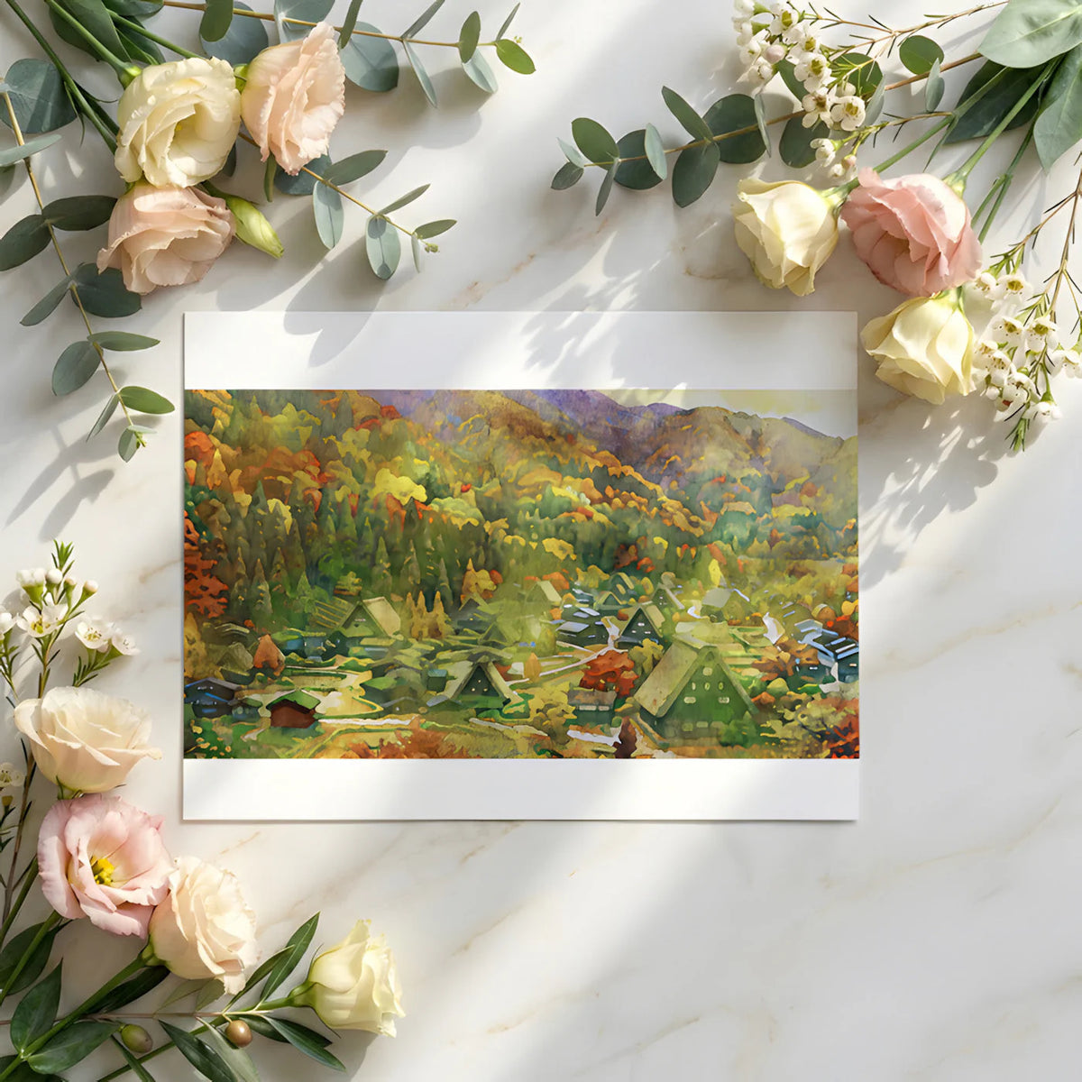 Autumnal Mountain Village Watercolor Mural Wallpaper - room preview 02