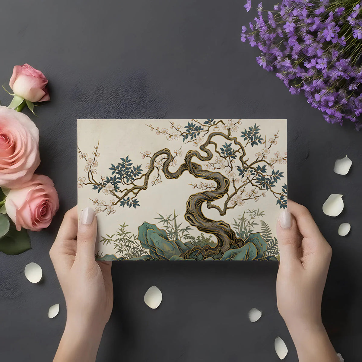 Blossoming Bonsai Mural Wallpaper — Traditional Artistic Style Mural Wallpaper - room preview 02