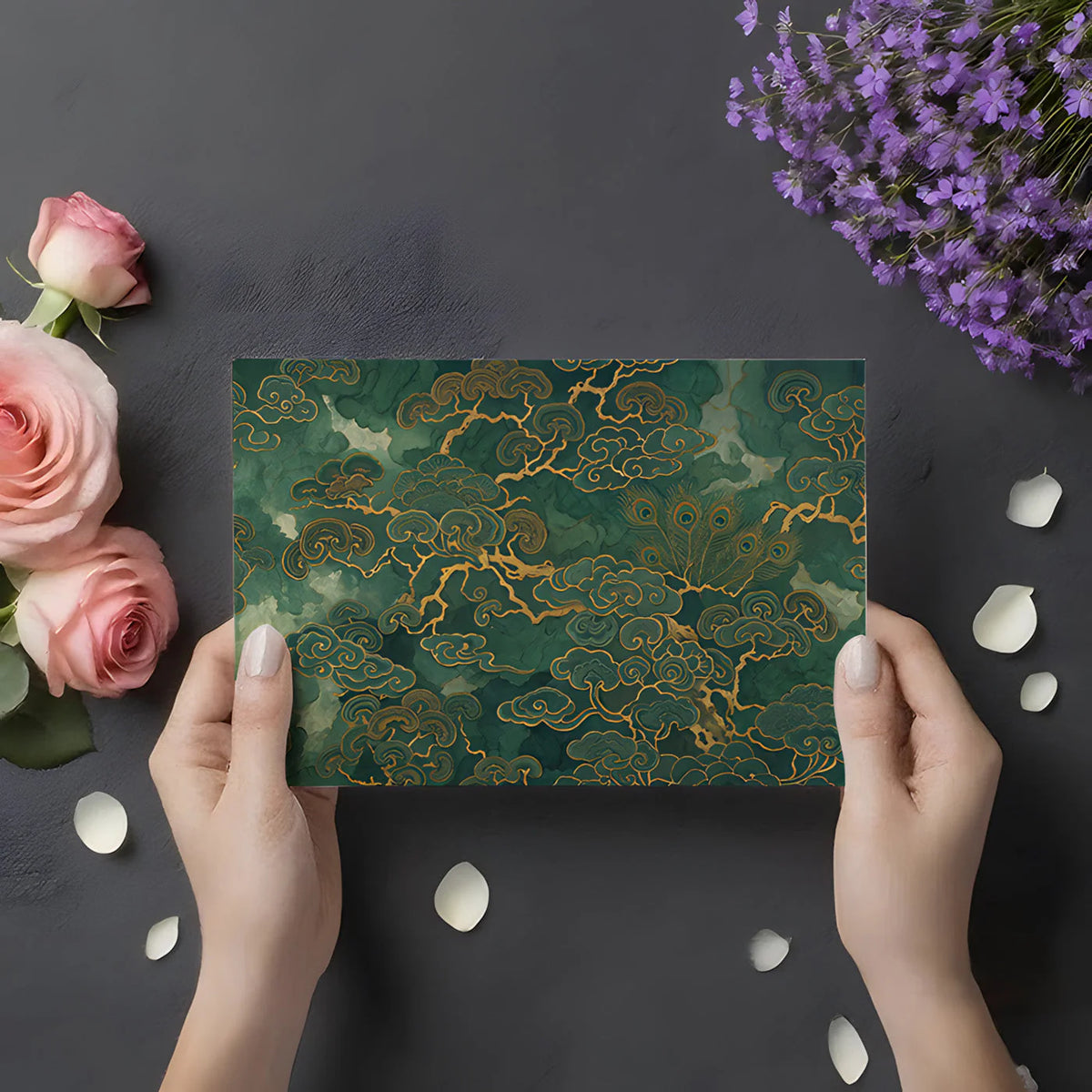Gilded Pine and Peacock Mural Wallpaper in Emerald Mural Wallpaper - room preview 02