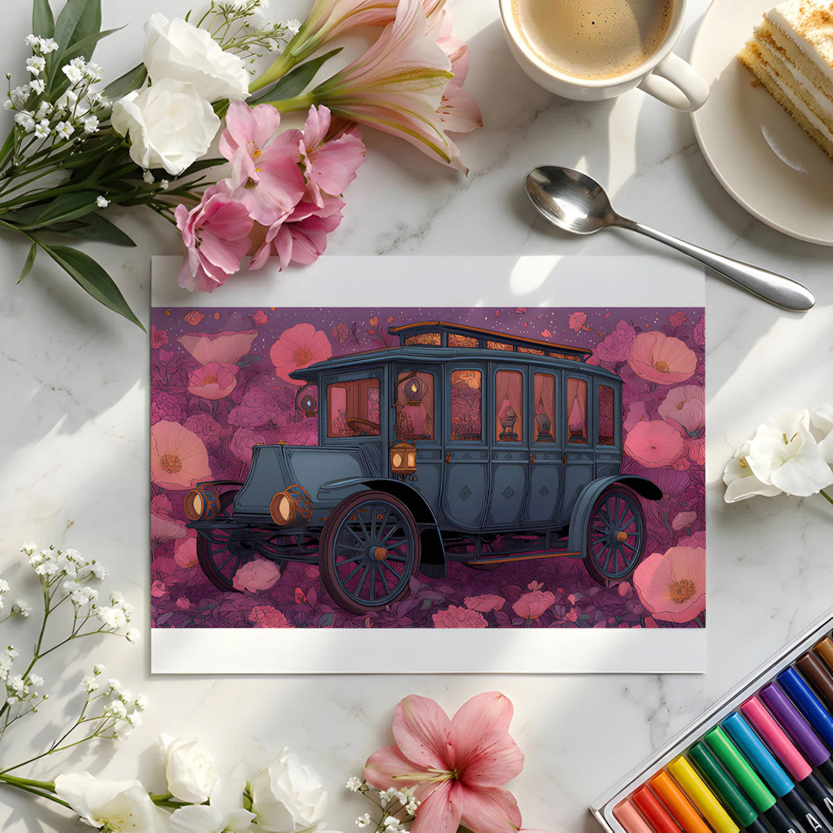 Vintage Carriage Floral Mural Wallpaper — Whimsical Garden Design Mural Wallpaper - room preview 02