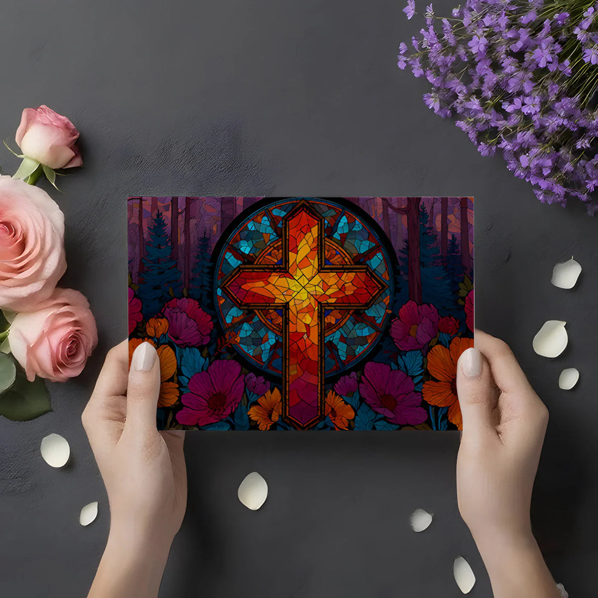 Stained Glass Cross Mural Wallpaper — Vibrant Artistic Motif Mural Wallpaper - room preview 02