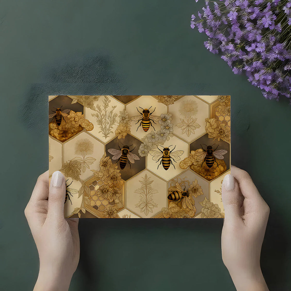 Honeybee Hive Mural Wallpaper — Botanical Hexagon Art Mural Wallpaper - room preview 02