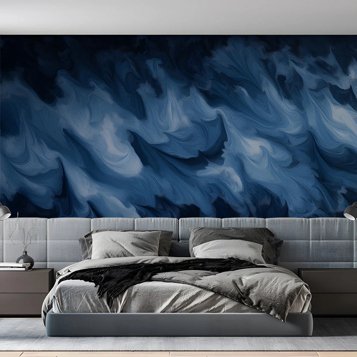Abstract Swirling Indigo Wave Mural Wallpaper - room preview 02